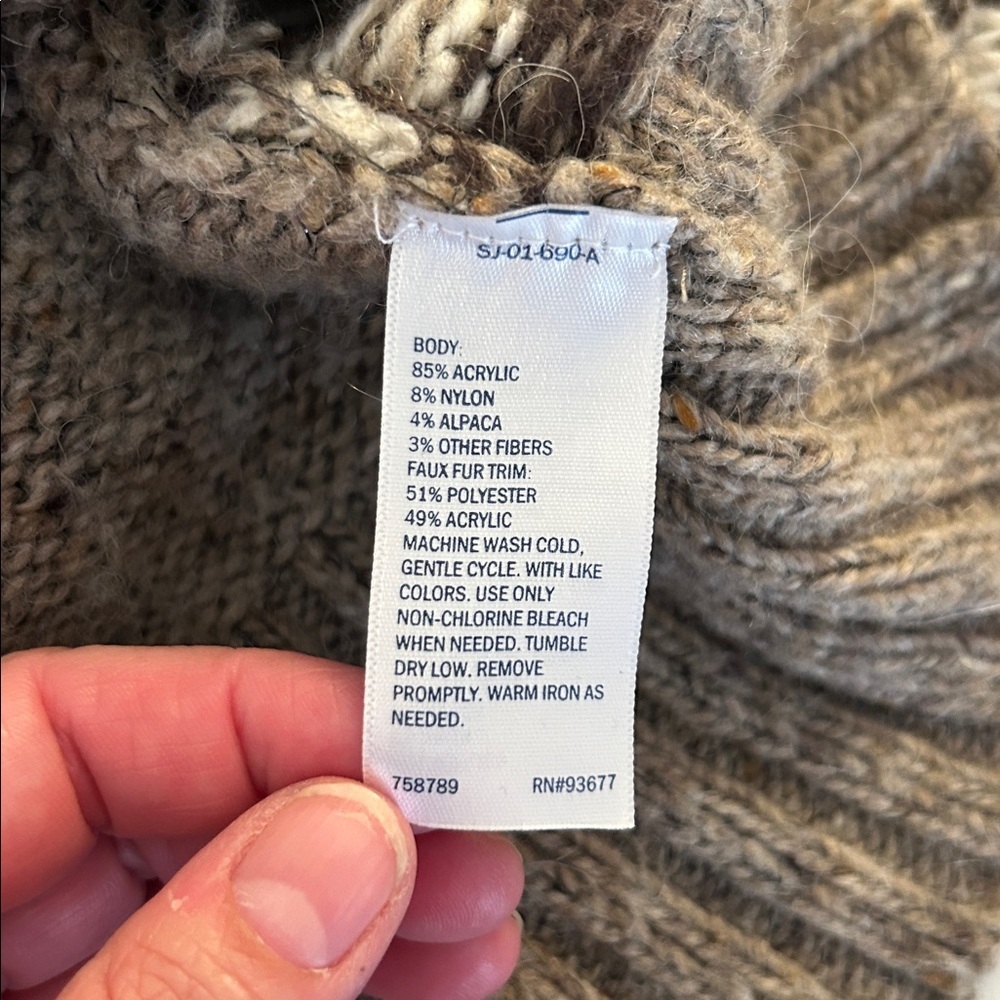 St. John's Bay Tan Knit Fair Isle Norway Style Faux Fur Hoodie Button Sweater - Picture 7 of 7